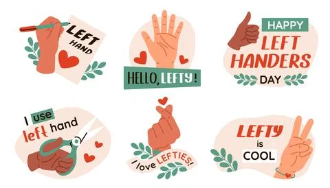 Group of vector illustration of left hand. Lefthanders day stickers. Concept  Stock Illustration