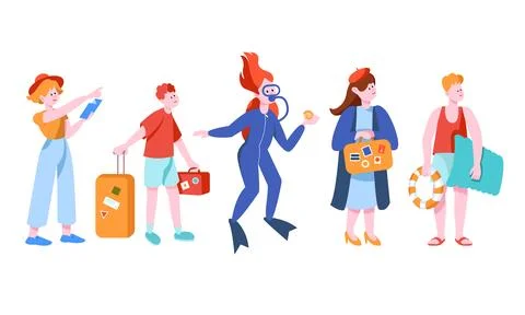A Group of Vibrant Characters Excitedly Preparing Their Plans for Travel and Stock Illustration
