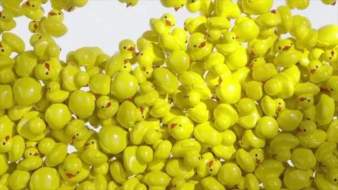 Group of vibrant yellow rubber ducks cascading and gradually accumulating in Stock Footage 309991143