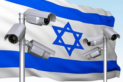 Group of video cameras on background of flag of Israel Illustrazione stock