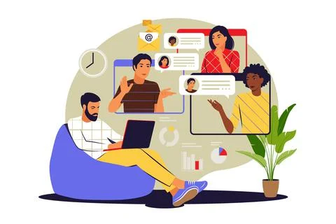 Group video concept. Collective virtual meeting or videoconference. Vector il Illustrazione stock