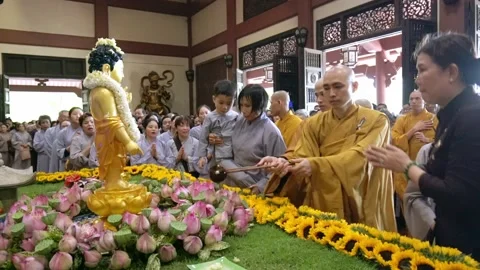 Group of Vietnamese Buddhist bath Buddha statue purify body and spirit Stock Footage 133048663