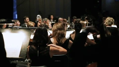 A group of violinists in orchestra during a symphony concert. Performance of a Stock Footage 108489076