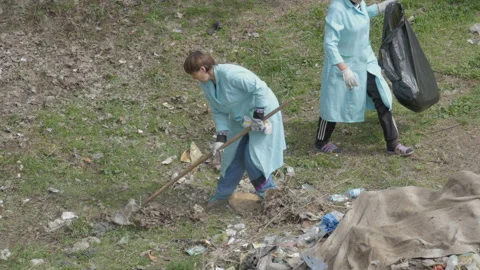 The group of volunteers picking garbage on the grass Stock Footage 90050857