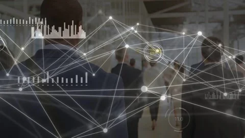 Group walking corridor network overlay appearing over heads, expanding showing Stock Footage 333838049
