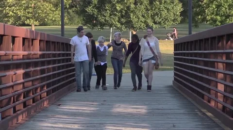Group Walking on Old Bridge Stock Footage