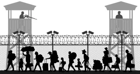 Group of walking refugees. Crowd migration. People behind barbed wire. State  Stock Illustration