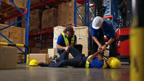 A group of warehouse workers were involved in an accident while on duty Stock Footage 308950793