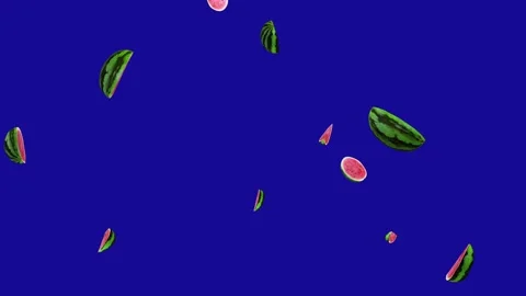 Group of Watermelon sliced falling down from the top blue screen effect Video stock 322893486