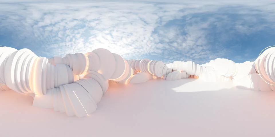 Group of White Circular Objects on White Floor 360 panorama vr environment map Stock Illustration