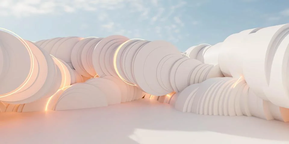 Group of White Circular Objects on White Floor 3d render illustration Ilustração Stock