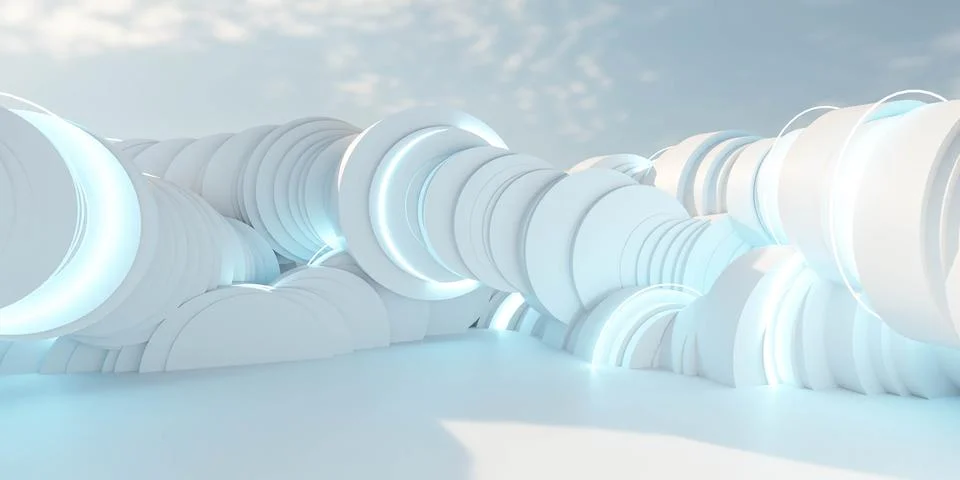 Group of White Circular Objects on White Floor 3d render illustration Stock Illustration