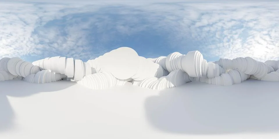 Group of White Circular Objects on White Floor 360 panorama vr environment map Illustrazione stock