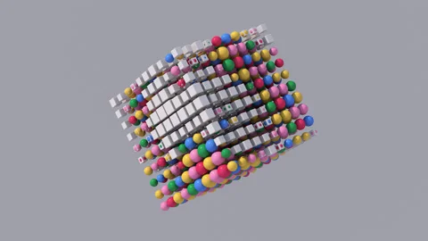 Group of white cubes and colorful balls morphing. Gray background. 3d render. Stock Footage 220932685