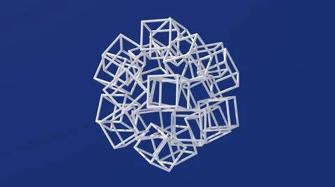 Group of white cubes. Blue background. Abstract illustration, 3d render. Illustrazione stock