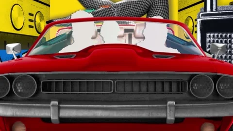 Group of white cutout riders in a red convertible front view Stock Footage 346778669
