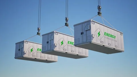 Group of white energy storage systems or battery container units with blue sky b Stock Footage 342589056