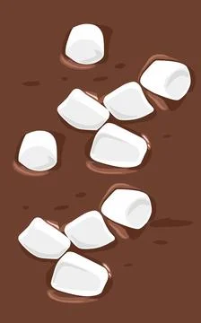 A group of white marshmallows on a brown chocolate melted background Stock Illustration