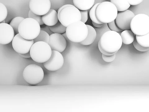 Group of white round objects in empty room Stock Illustration