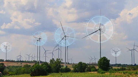 Group of wind turbine with motion graphics on the mountain Stock Footage 120666489
