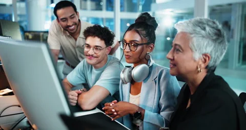 Group, woman and talk for programmer on computer for teamwork, problem solving Stock Footage 309069249