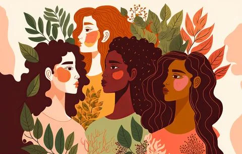 A group of women from different ethic backgrounds standing together. Generative Stock Illustration