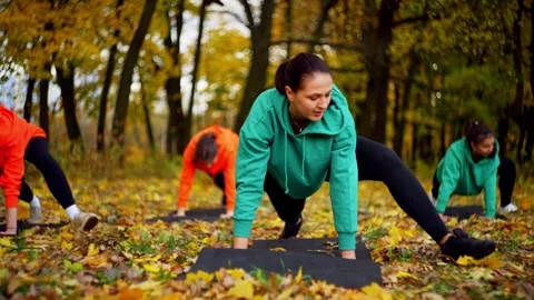 A group of women doing push ups on a yoga mat among trees in a natural landscape Vídeos de archivo 268287856
