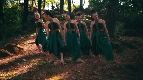 Group of Women Performing Synchronized Walk in Traditional Costumes Stock Footage 231576844