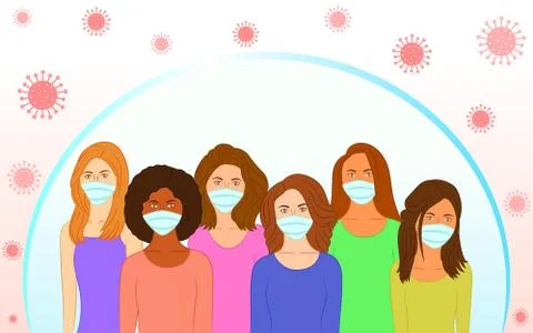 Group of women wearing medical masks with shield around them Stock Illustration