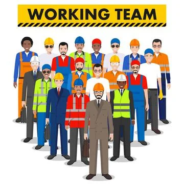 Group of worker, builder and engineer standing together on white background Stock Illustration