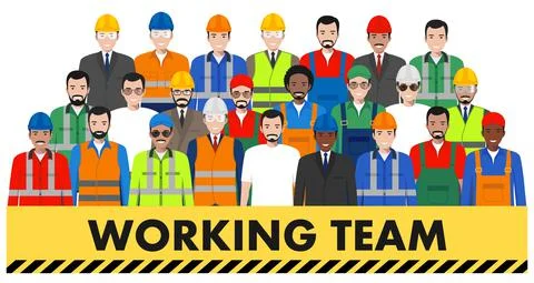 Group of worker, builder and engineer standing together in row Stock Illustration