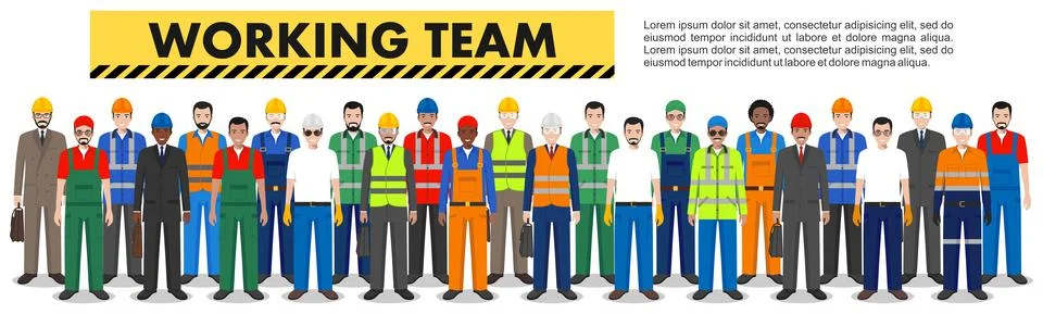 Group of worker, builder and engineer standing together in row Illustrazione stock