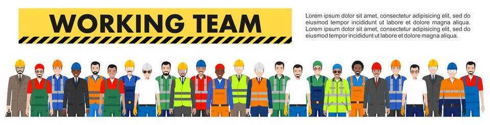 Group of worker, builder and engineer standing together in row Stock Illustration