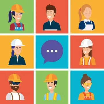 Group of workers and speech bubble Illustrazione stock