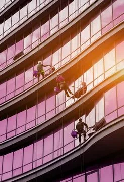 Group of workers cleaning windows service Foto stock