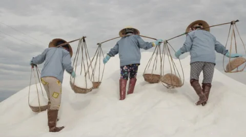 Group of Workers Deposit Salt onto Hill Stock Footage 42432435