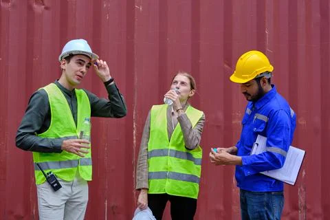 Group of workers resting from works by drinking water, cargo shipping busines Fotos de archivo