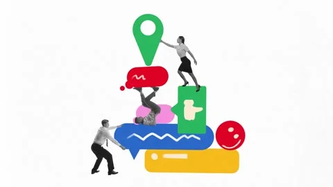 Group of workers stacking digital symbols, including hashtags, profile icons Stock Footage 305170464