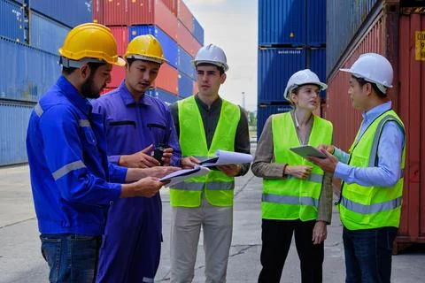 Group of workers teamwork at logistics terminal with many stacks of container Stock Photos