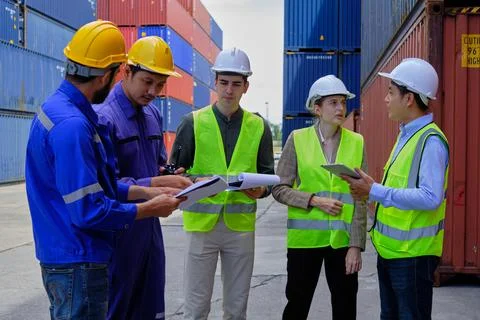 Group of workers teamwork at logistics terminal with many stacks of container Foto stock