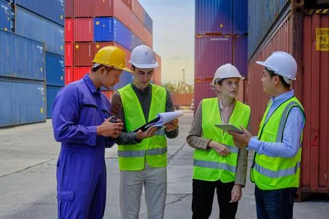 Group of workers teamwork at logistics terminal with many stacks of container Stock Photos