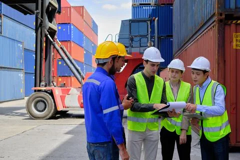 Group of workers teamwork at logistics terminal with many stacks of container Foto stock
