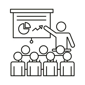 Group of workers training with paperboard and statistics coworking line style Stock Illustration