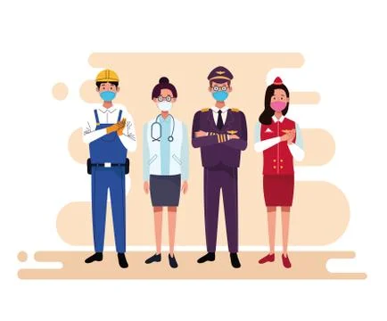 Group of workers using face masks Illustrazione stock