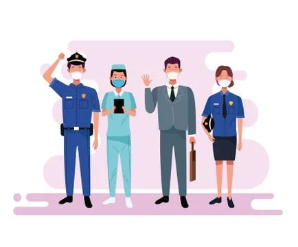 Group of workers using face masks Illustrazione stock