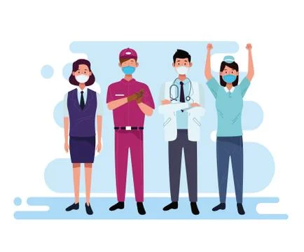 Group of workers using face masks Illustrazione stock