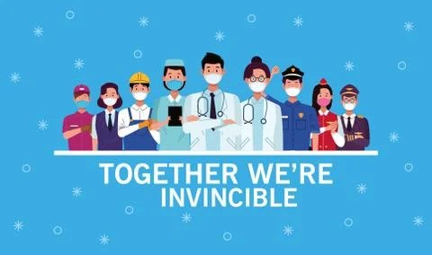 Group of workers using face masks and together we are invincible Illustrazione stock