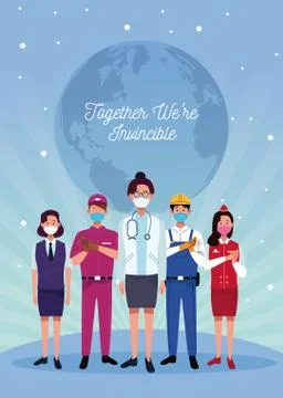 Group of workers using face masks and together we are invincible Illustrazione stock