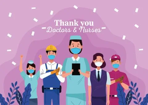 Group of workers using face masks with thank you doctors and nurses message Illustrazione stock