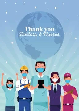 Group of workers using face masks with thank you doctors and nurses message Illustrazione stock